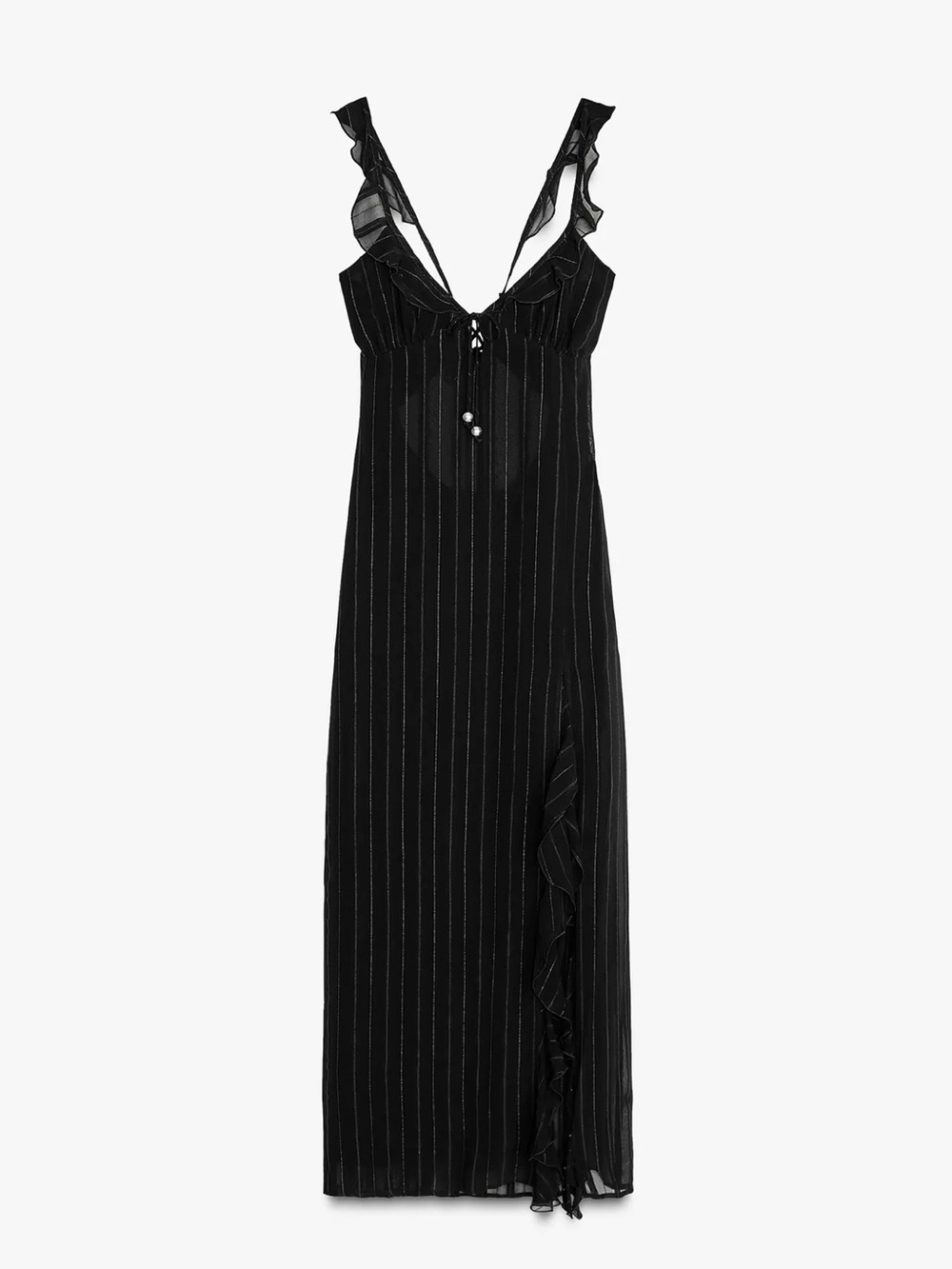 Zara Black Pinstripe Ruffle-Trim Midi Dress